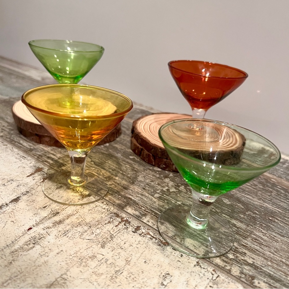 Vintage MCM Green and Amber Glass Mini Martini Glasses Coupes - Set of 4 EUC